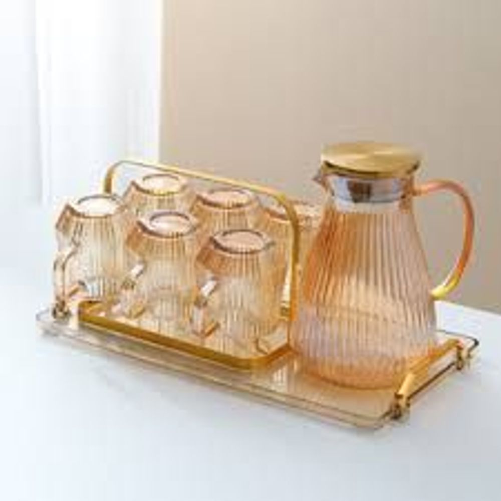 Bộ Bình Thủy Tinh Kèm 6 Cốc AB FAMILY Vân Sọc Màu Hổ Phách Sang Trọng