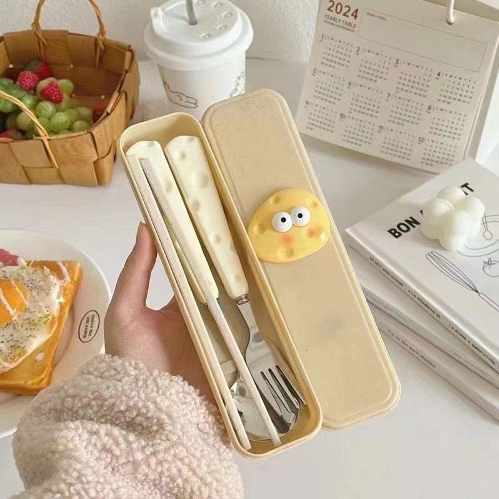 Bộ đũa thìa Trẻ em dễ thương tiểu học sinh ĐI HỌC dành riêng cho một người với bộ lưu trữ Bộ đồ ăn trẻ em di động