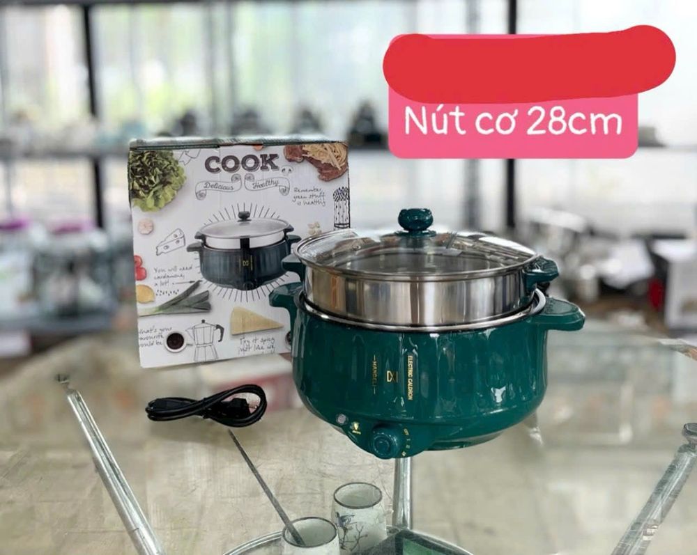 Nồi Lẩu Điện Đa Năng 2 Tầng Size 28cm Nắp Kính, Nồi Chiên, Xào, Rán Đa Năng Có Chống Dính