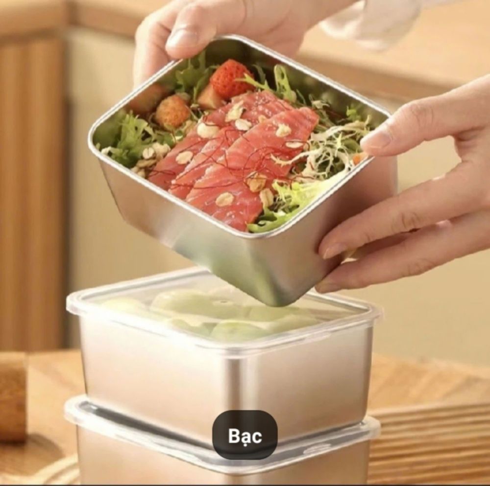 Hộp Crisper thép không gỉ với tủ lạnh nắp đậy kín hộp lưu trữ thực phẩm hộp bảo quản rau quả