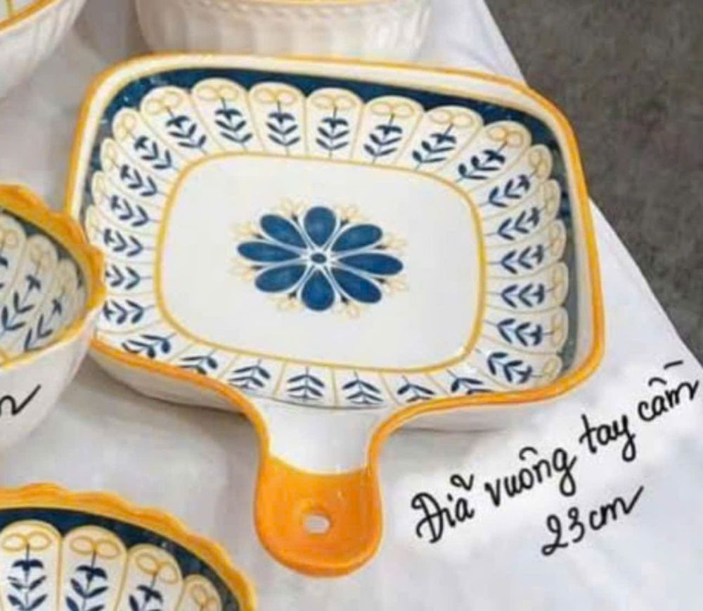 Đĩa Decor Có Tay Cầm Bắc Âu Scandinavia, Khay Sứ Vuông Tay Cầm Cao Cấp