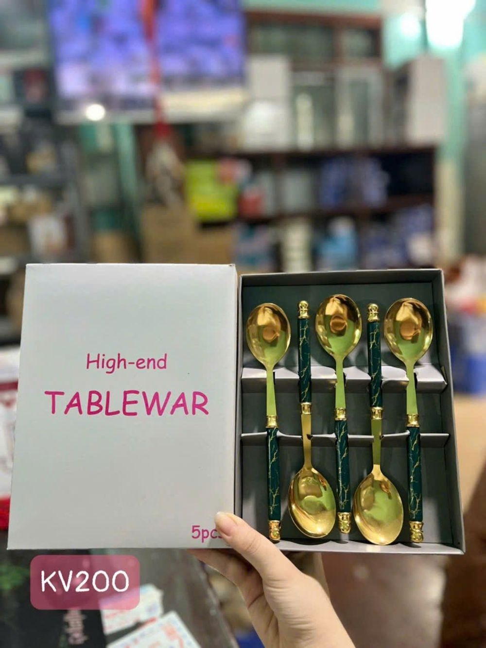 Bộ Muỗng Thìa Cao cấp bằng thép không gỉ, Set 6 thìa inox mạ vàng cán sứ màu xanh ngọc vân đá cao cấp