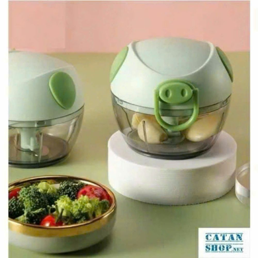 Máy Xay Tỏi Ớt Thực Phẩm Mini Cầm Tay - Máy Xay Kéo Dây Hình Con Heo Xanh Cute Đa Năng, Tiện Lợi