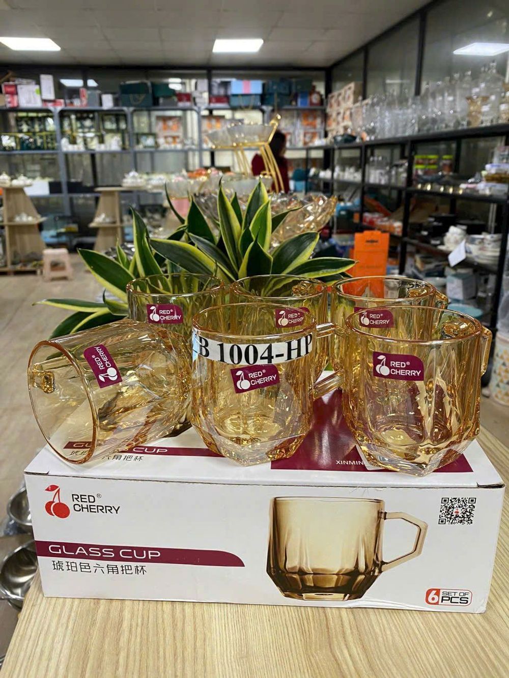Bộ 6 cốc thủy tinh có quai ánh vàng Red Cherry 1004