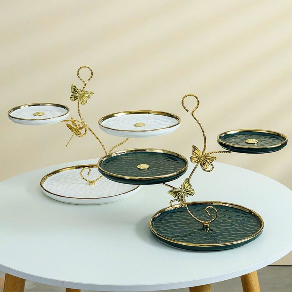 Khay sứ 3 tầng đựng bánh hoa quả khung bướm bay trang trí Huydecor