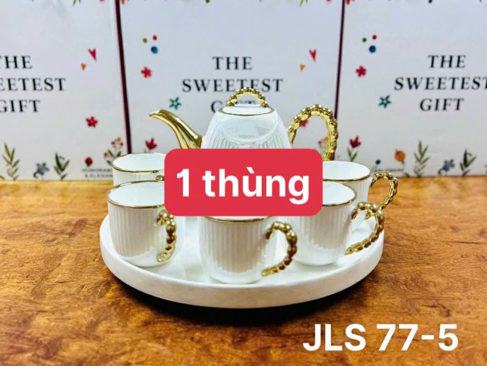 Uống trà, ấm chén kèm khay màu trắng Vàng, sứ xương cao cấp quà tặng ý nghĩa