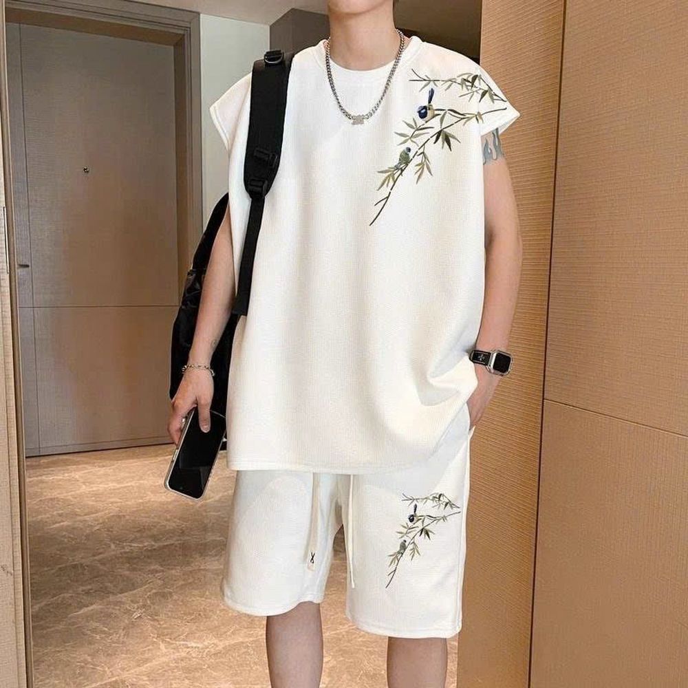 Bộ Thun Nam 2024 Mới Phong Cách Trung Hoa Áo Thun Không Tay In Thân Tre Hạng Nặng Nam Top Mới .