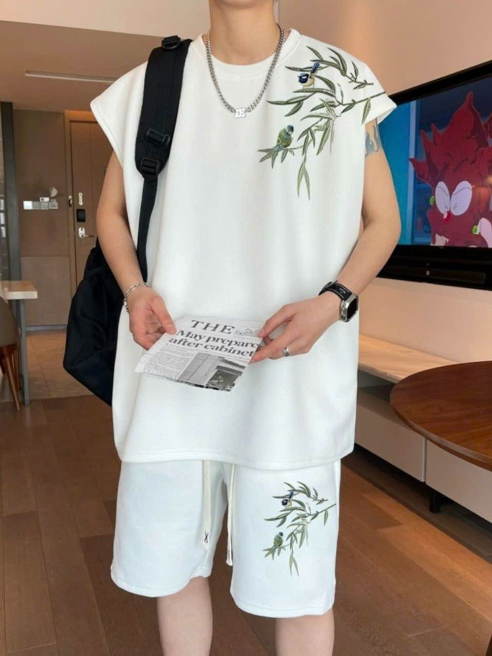 Bộ Thun Nam 2024 Mới Phong Cách Trung Hoa Áo Thun Không Tay In Thân Tre Hạng Nặng Nam Top Mới .