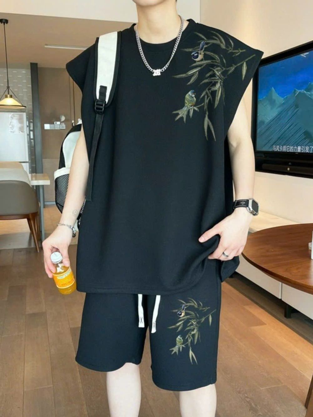 Bộ Thun Nam 2024 Mới Phong Cách Trung Hoa Áo Thun Không Tay In Thân Tre Hạng Nặng Nam Top Mới .