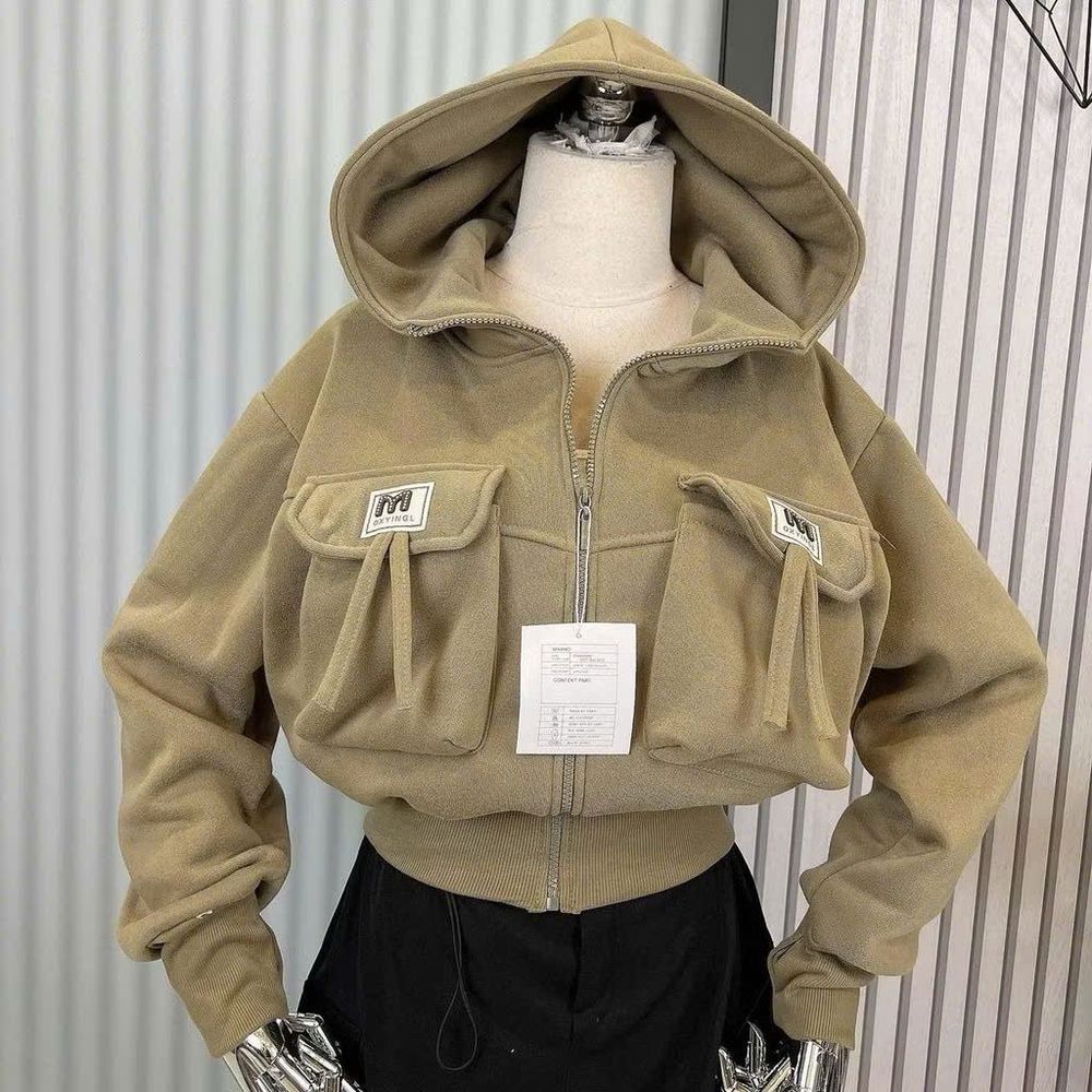 Áo khoác dáng lửng croptop có nón chất nỉ dệt XK dày túi nắp logo M