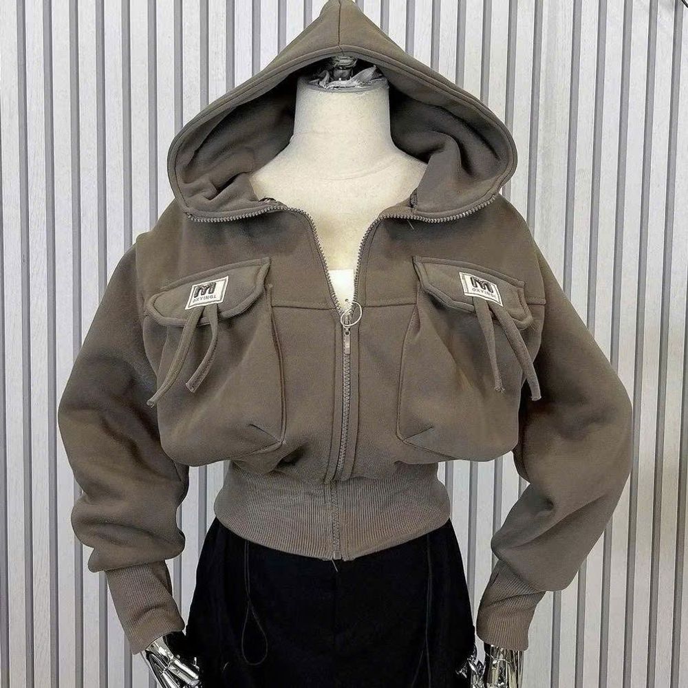 Áo khoác dáng lửng croptop có nón chất nỉ dệt XK dày túi nắp logo M