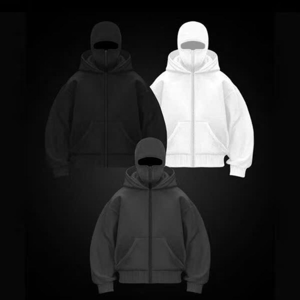 Áo Khoác Hoodie Zip Ninja Trơn Cổ Cao 2 Nón có túi Trong Tay Xỏ Ngón Phong Cách Ninja Che Mặt Mũ Rộng Siêu Ngầu