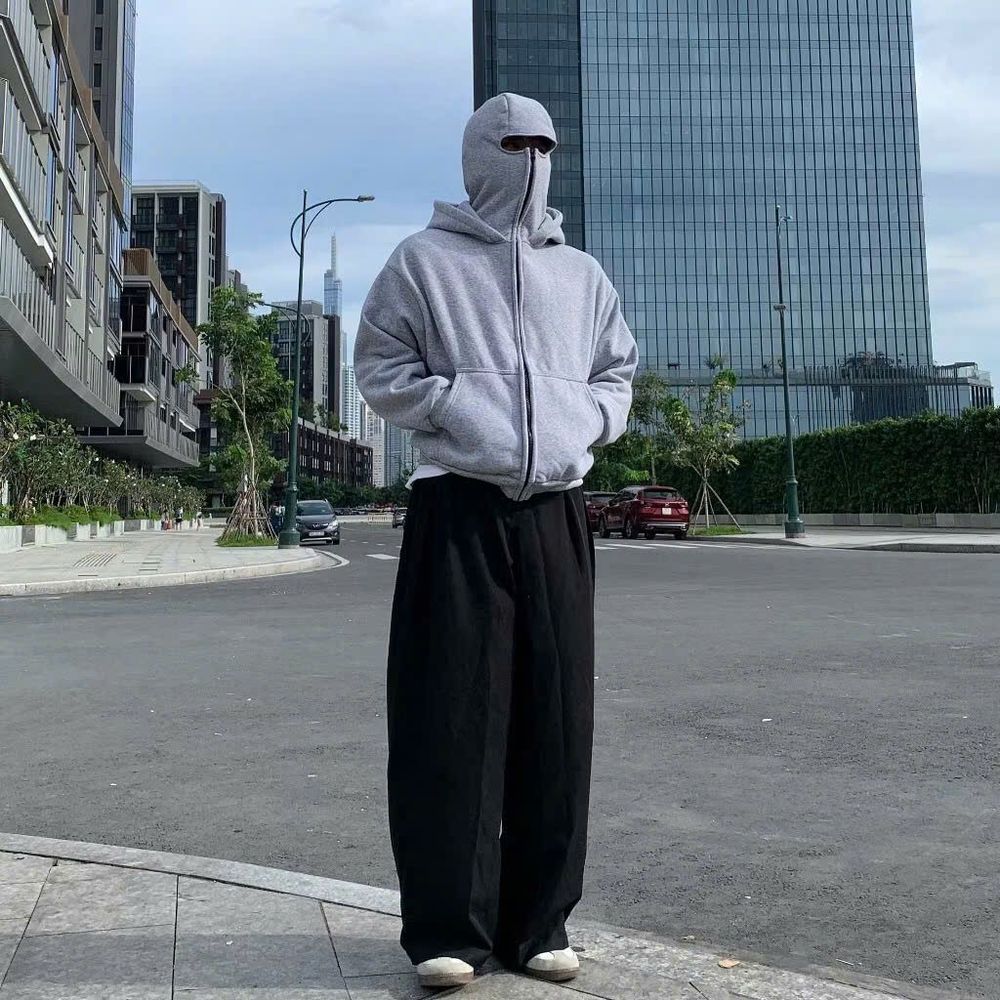 Áo Khoác Hoodie Zip Ninja Trơn Cổ Cao 2 Nón có túi Trong Tay Xỏ Ngón Phong Cách Ninja Che Mặt Mũ Rộng Siêu Ngầu