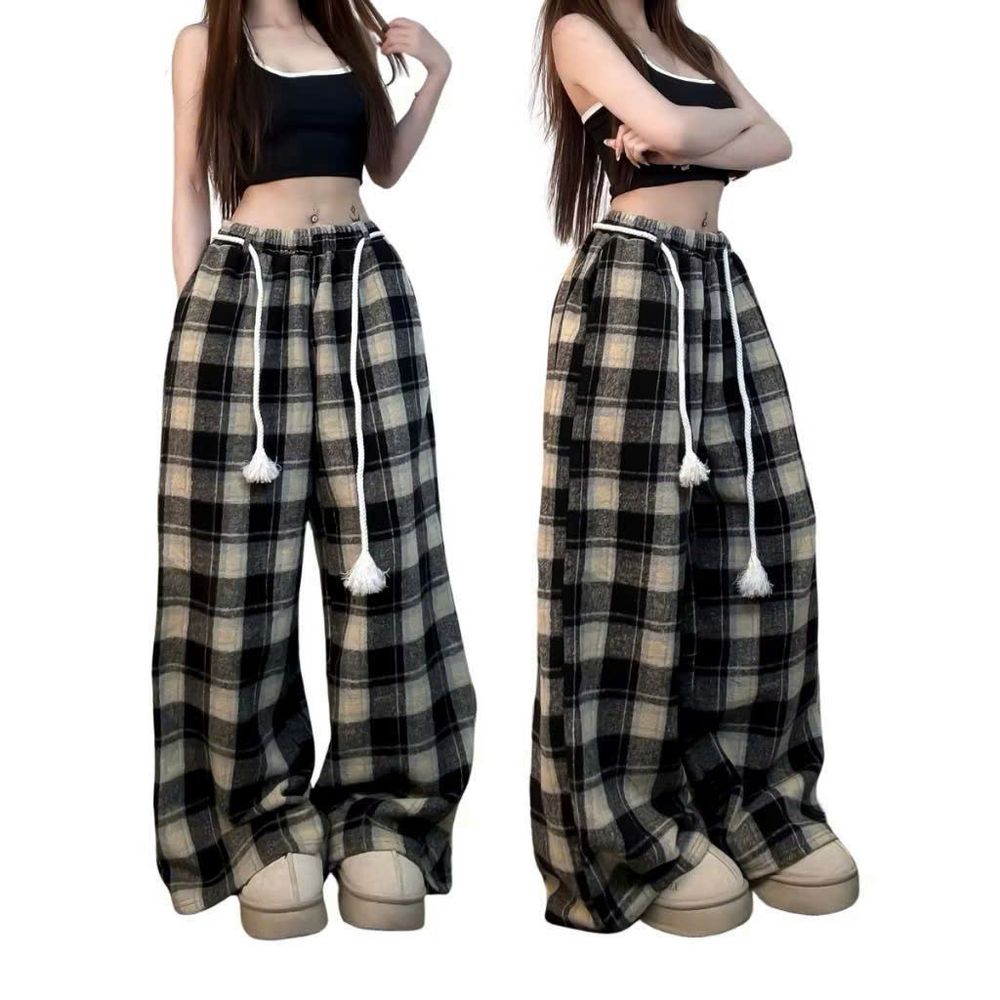 Quần ống rộng kẻ sọc chất nỉ dạ caro dày dặn phối dây luồng lai kèm dây thừng chun.