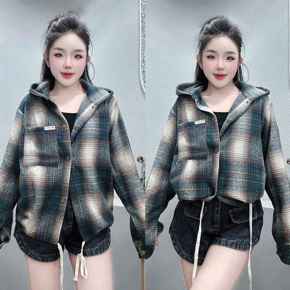 Sơ Mi Có Nón Kẻ Caro Chất Nỉ Dạ Mềm, Một Túi Lai Dây Rút