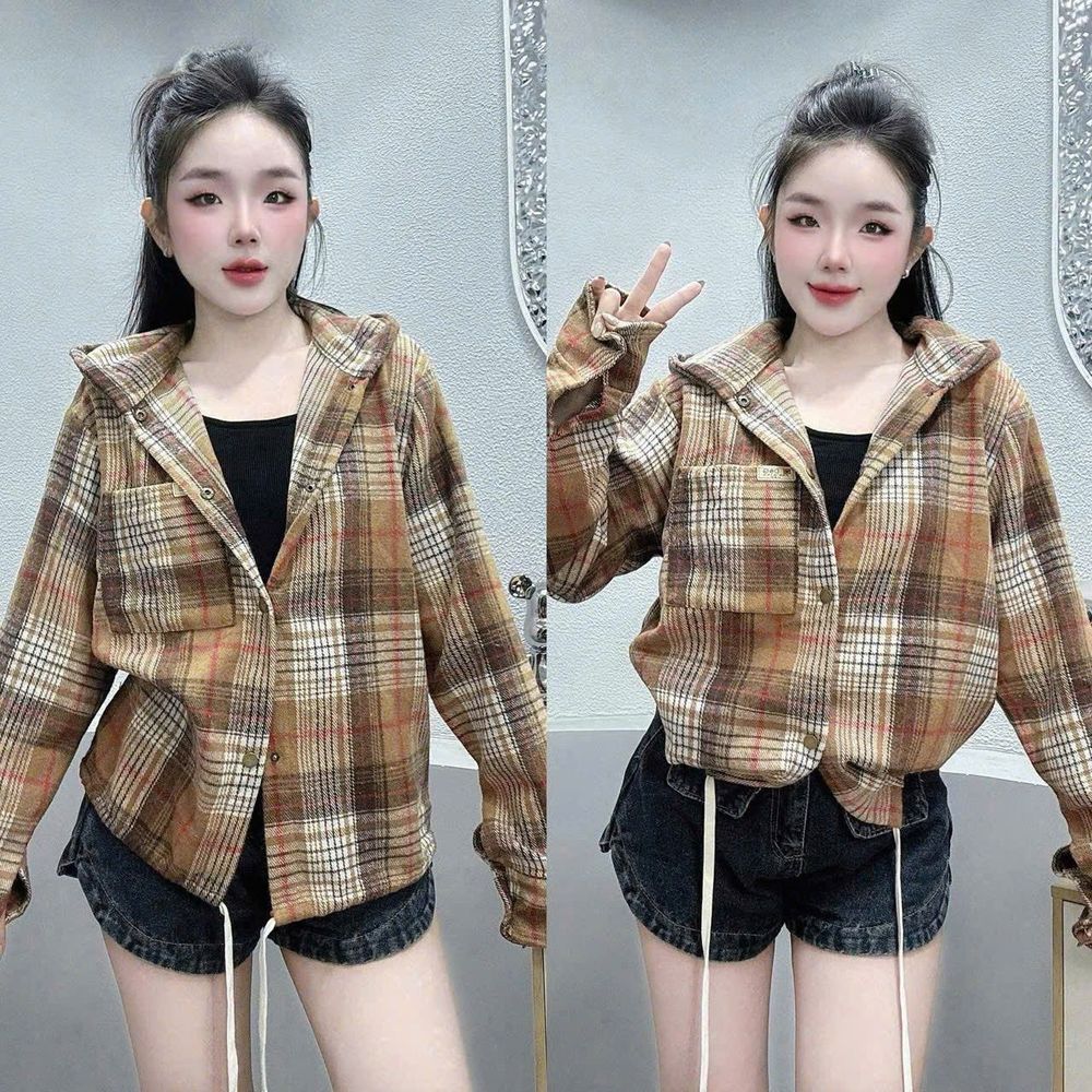 Sơ Mi Có Nón Kẻ Caro Chất Nỉ Dạ Mềm, Một Túi Lai Dây Rút