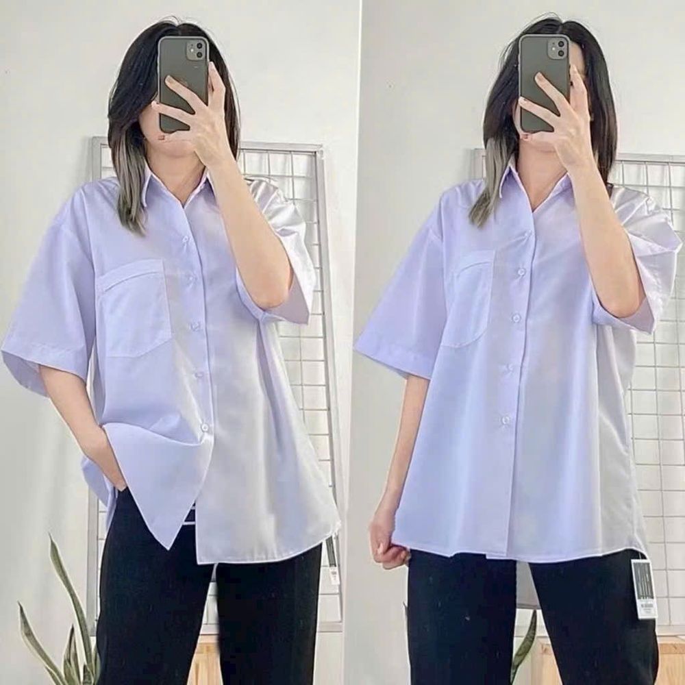 Áo Sơ Mi Học Sinh Tay Lỡ Một Túi Form Rộng Nam Nữ - Chất Kate Mềm, 2 Size L & XL