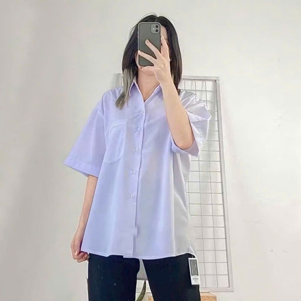 Áo Sơ Mi Học Sinh Tay Lỡ Một Túi Form Rộng Nam Nữ - Chất Kate Mềm, 2 Size L & XL