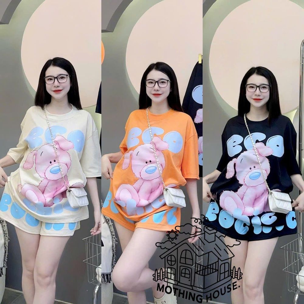 Đồ Bộ Nữ Tay Lỡ GẤU ECO Chất Thun Cotton Form Rộng Dưới 65kg