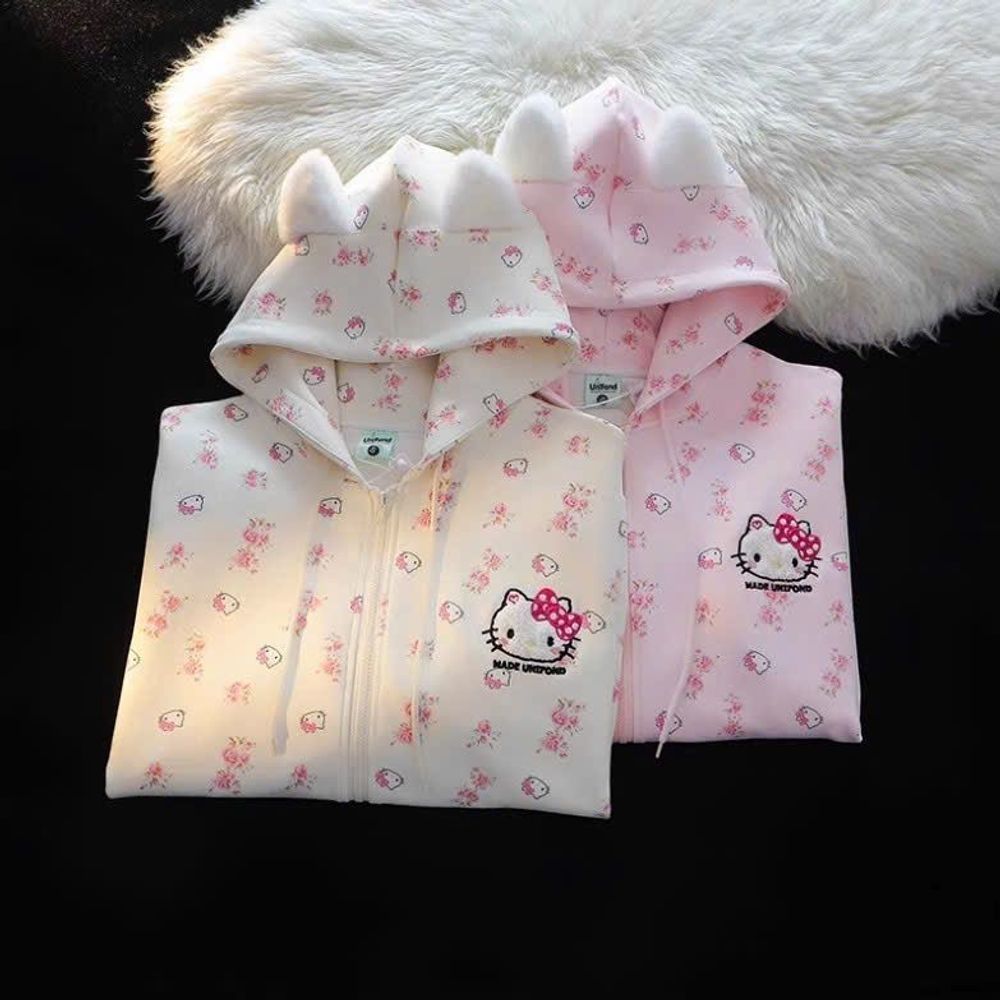 Áo Khoác Nỉ Bông In 3D Họa Tiết Kitty Nón Tai Mèo Đáng Yêu Freesize Dưới 68kg