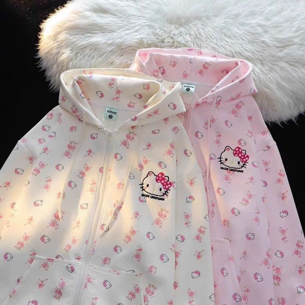 Áo Khoác Nỉ Bông In 3D Họa Tiết Kitty Nón Tai Mèo Đáng Yêu Freesize Dưới 68kg