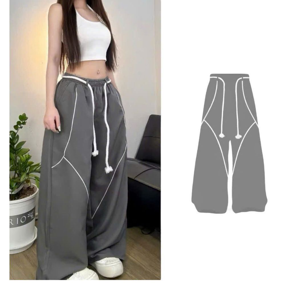 Quần Dù Ống Suông Rộng Nam Nữ Lưng Thun Dây Luồng Viền Chỉ Nổi Streetwear Thời Trang
