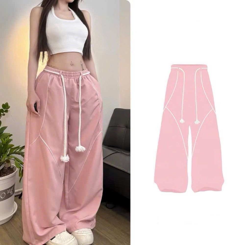 Quần Dù Ống Suông Rộng Nam Nữ Lưng Thun Dây Luồng Viền Chỉ Nổi Streetwear Thời Trang