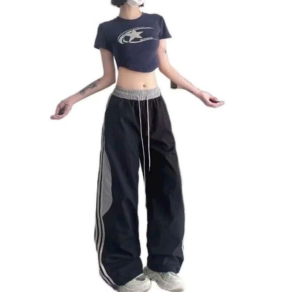 Quần Ống Rộng Chất Dù Nhăn Dây Rút Lai Phối Sọc Đen Xám Freesize Dưới 65kg