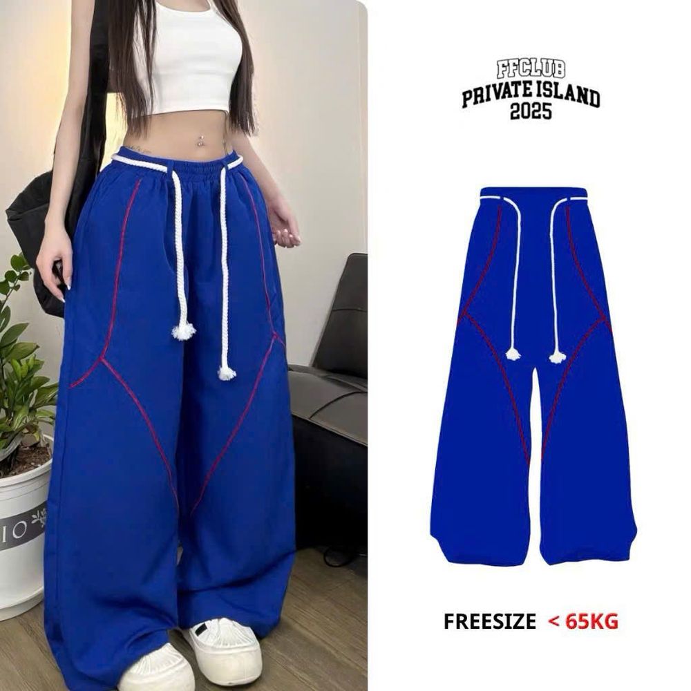 Quần Dù Ống Suông Rộng Nam Nữ Lưng Thun Dây Luồng Viền Chỉ Nổi Streetwear Thời Trang