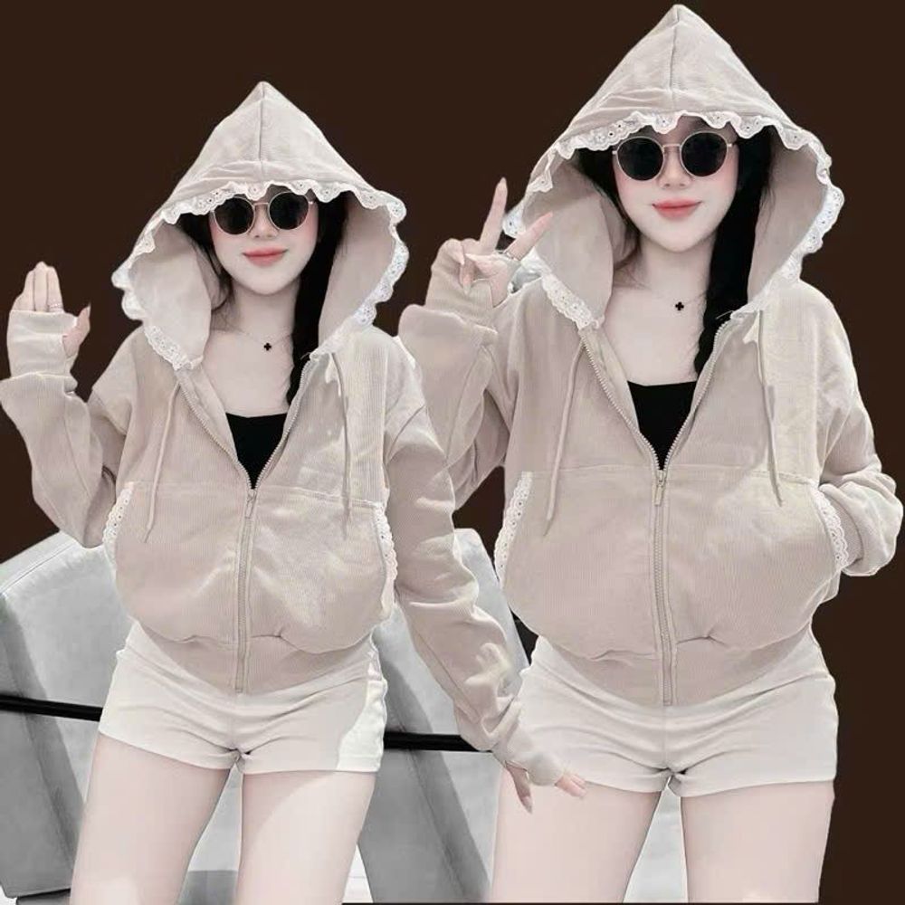 Áo khoác nữ viền ren mũ