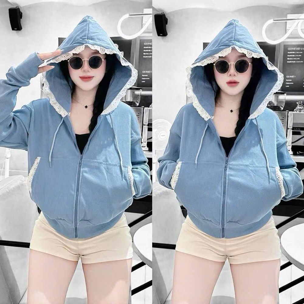 Áo khoác nữ viền ren mũ