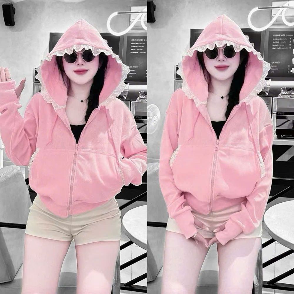 Áo khoác nữ viền ren mũ