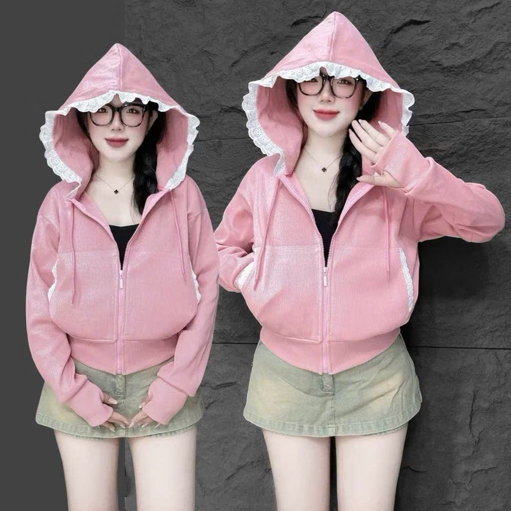 Áo khoác nữ viền ren mũ