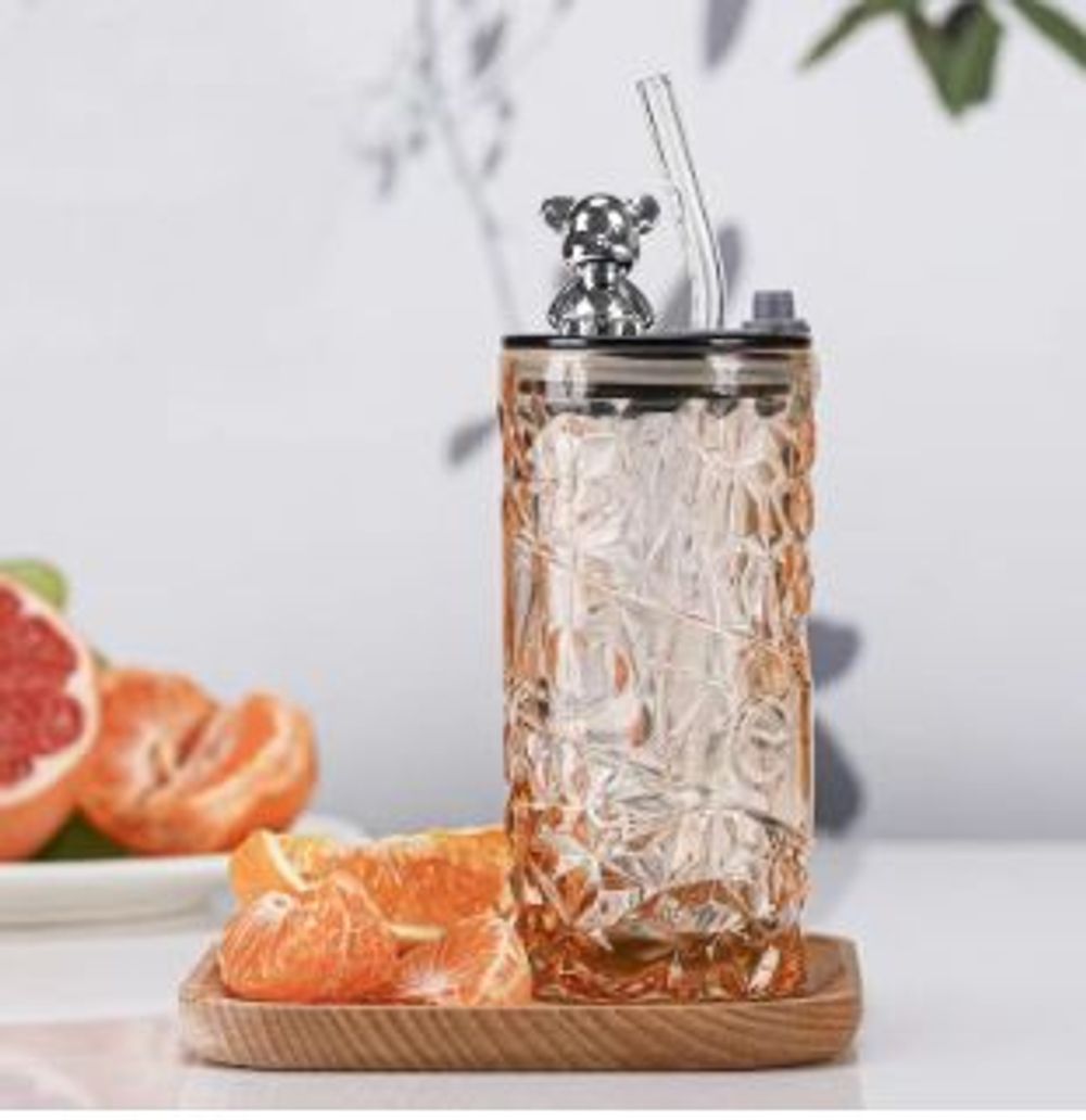 Cốc Thủy Tinh Có Ống Hút Nắp Đậy Gấu 400ml ( THÙNG 80C )