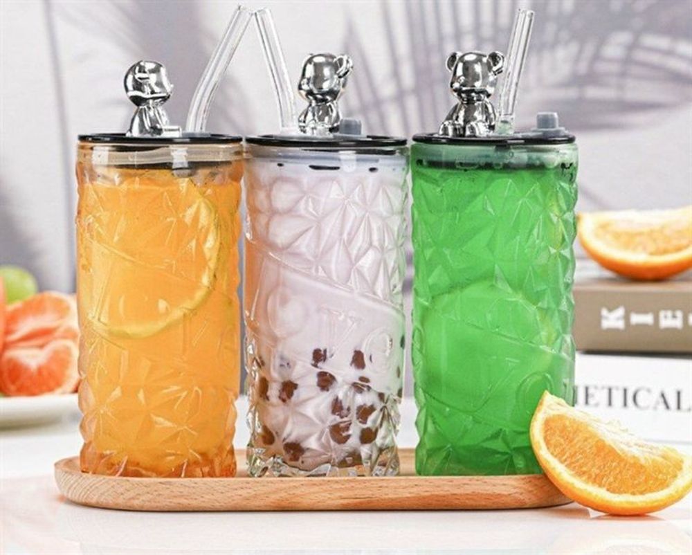 Cốc Thủy Tinh Có Ống Hút Nắp Đậy Gấu 400ml ( THÙNG 80C )