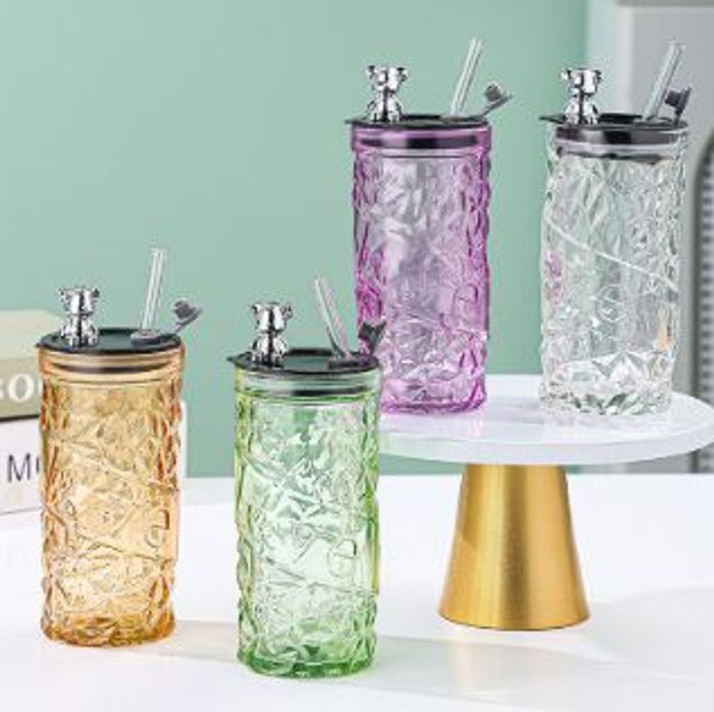 Cốc Thủy Tinh Có Ống Hút Nắp Đậy Gấu 400ml ( THÙNG 80C )