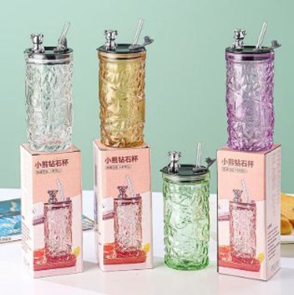 Cốc Thủy Tinh Có Ống Hút Nắp Đậy Gấu 400ml ( THÙNG 80C )