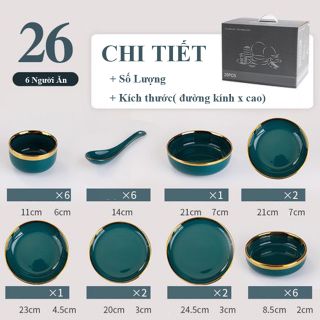 Bộ bát đĩa sứ viền vàng kiểu Hàn Quốc sang trọng ( bộ 26 chi tiết )