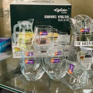 Bộ bình 6 cốc thủy tinh trắng đẹp Bộ bình 6 cốc thủy tinh trắng đẹp