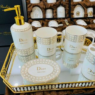 Bộ Đồ Dùng Phòng Tắm Sứ Trắng Viền Vàng Cao Cấp