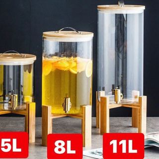 Bình Thủy Tinh Đựng Nước Sôi Nắp Gỗ Có Vòi Rót Kèm Kệ Gỗ