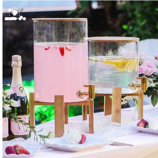 Bình Thủy Tinh Đựng Nước Sôi Nắp Gỗ Có Vòi Rót Kèm Kệ Gỗ