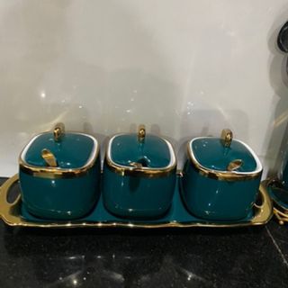 Bộ Bộ 3 Hũ Đựng Gia Vị Sứ Màu Xanh Trắng Tráng Men Cao Cấp Bộ Bộ 3 Hũ Đựng Gia Vị Sứ Màu Xanh Trắng Tráng Men Cao Cấp
