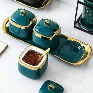 Bộ Bộ 3 Hũ Đựng Gia Vị Sứ Màu Xanh Trắng Tráng Men Cao Cấp Bộ Bộ 3 Hũ Đựng Gia Vị Sứ Màu Xanh Trắng Tráng Men Cao Cấp