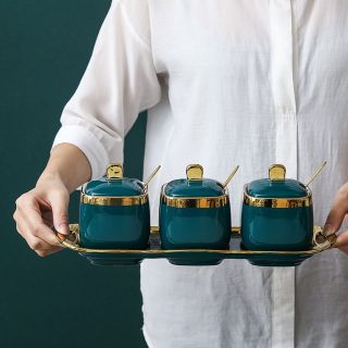 Bộ Bộ 3 Hũ Đựng Gia Vị Sứ Màu Xanh Trắng Tráng Men Cao Cấp Bộ Bộ 3 Hũ Đựng Gia Vị Sứ Màu Xanh Trắng Tráng Men Cao Cấp