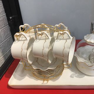 Bộ ấm trà cafe kèm đế đun nến bằng gốm sứ cao cấp phong cách Châu Âu