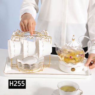 Bộ ấm trà cafe kèm đế đun nến bằng gốm sứ cao cấp phong cách Châu Âu