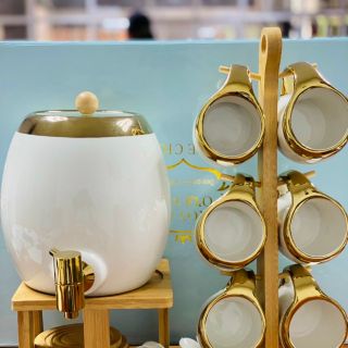 (Hàng có sẵn) Bộ ấm chum cốc sứ kèm khay gỗ treo phong cách Bắc Âu 20 món