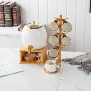 (Hàng có sẵn) Bộ ấm chum cốc sứ kèm khay gỗ treo phong cách Bắc Âu 20 món