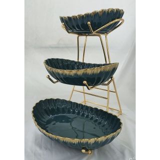 ￼ĐĨA 3 TẦNG SỨ TRẮNG XANH VIỀN VÀNG VÂN SỌC KÈM KỆ INOX CAO CẤP